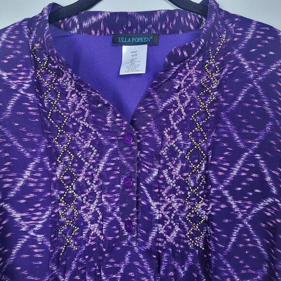 Ulla Popken Womens Beaded Tunic Top Size 16 18 Purple Artsy Paisley Long Sleeve - Picture 3 of 7